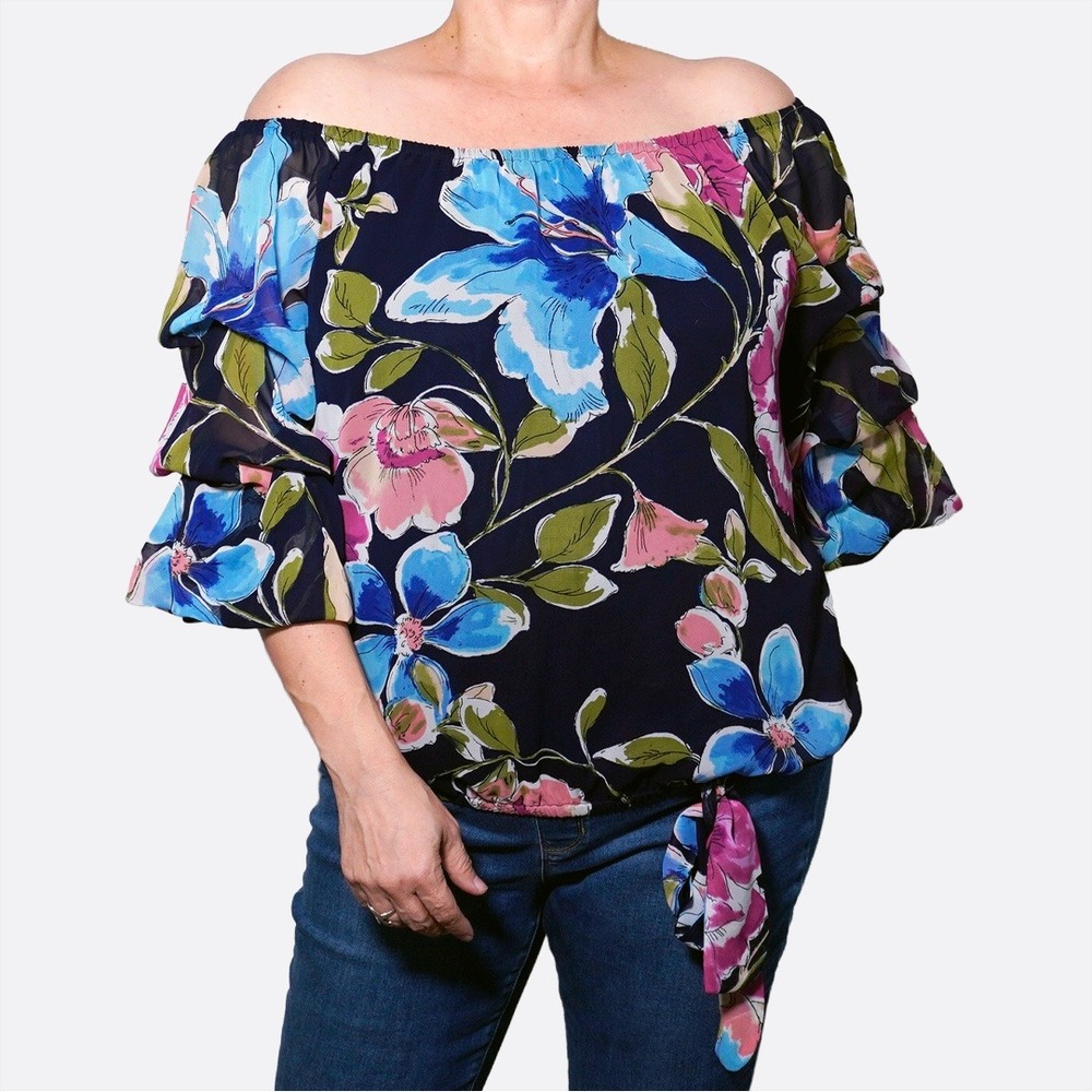 Vince Camuto Floral Off-The-Shoulder Bubble 3/4-Sleeve Tie-Front Boho Blouse 0X